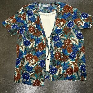Jantzen Classics Shirt Womens Large Blue Hawaiian Floral Open Front Top
